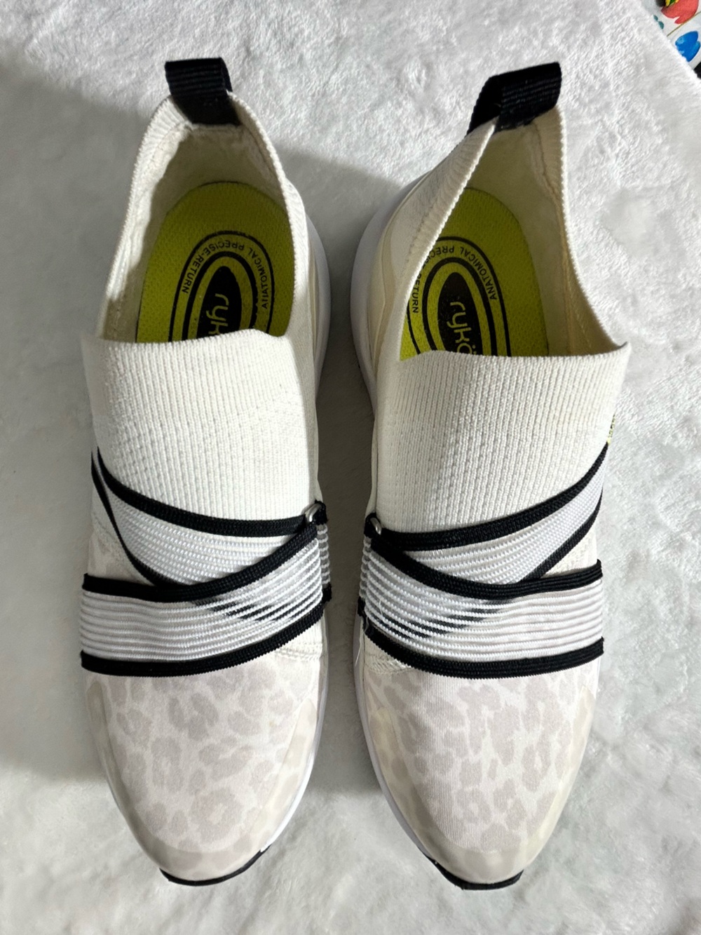 Ryka Empower White Knit Slip-On Sneakers Leopard Print Black Straps Size 7
